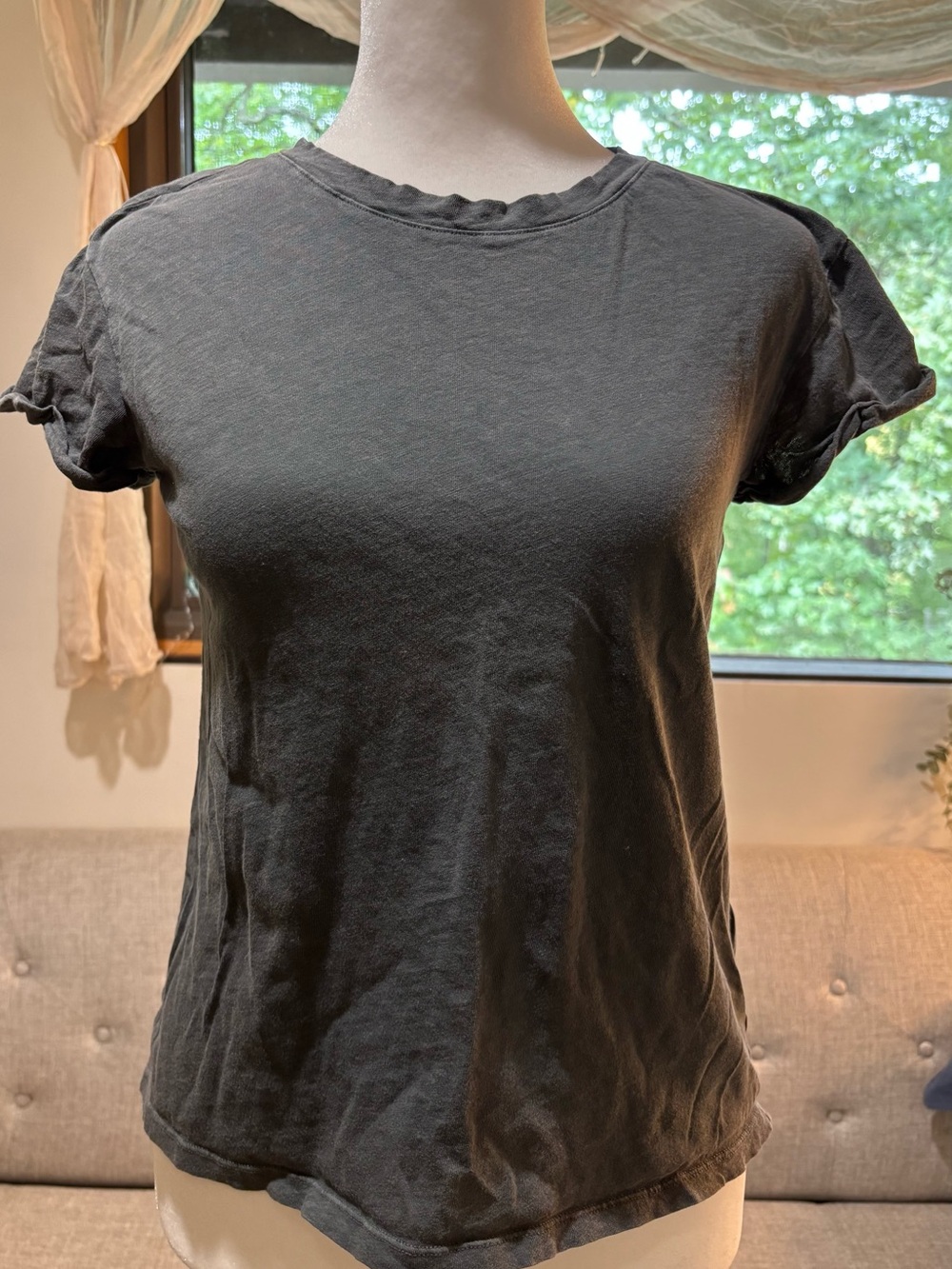 AllSaints Anna Crew Neck T-Shirt Acid Washed Black Organic Cotton US 0 XS